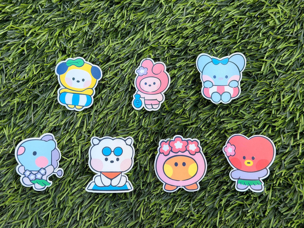 Kpop Summer Beach-themed Sticker Pack | BT21 Inspired Characters | 7pcs Die Cut Vinyl Waterproof Stickers