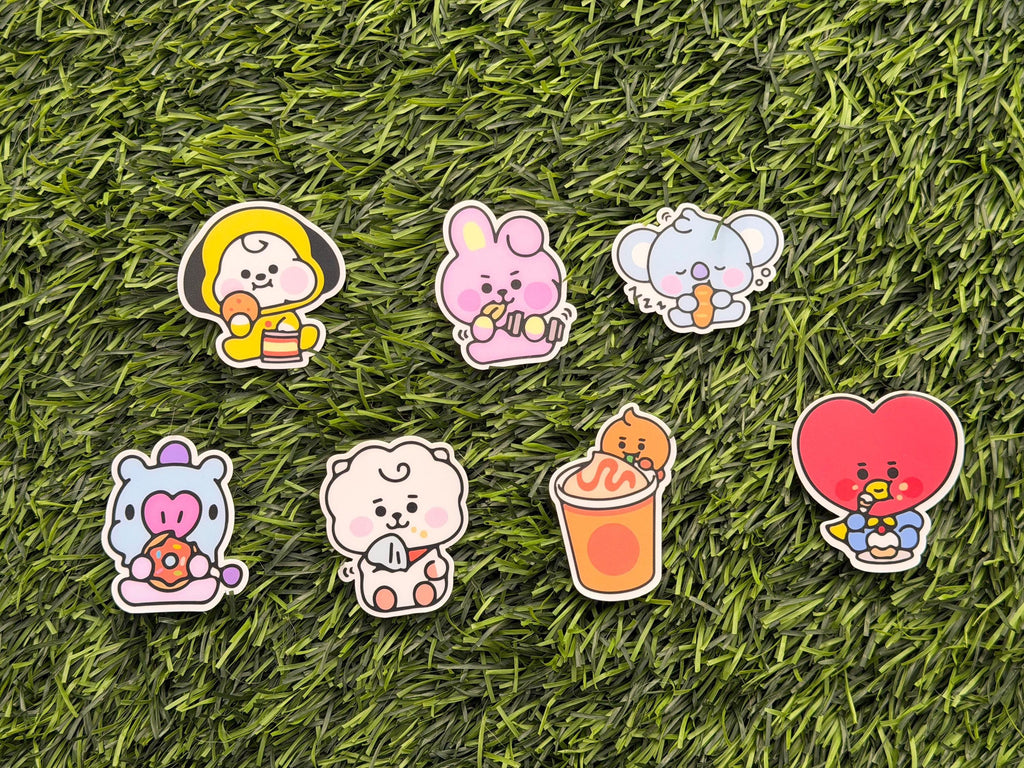 Kpop Snacks-themed Sticker Pack | BT21 Inspired Characters | 7pcs Die Cut Vinyl Waterproof Stickers