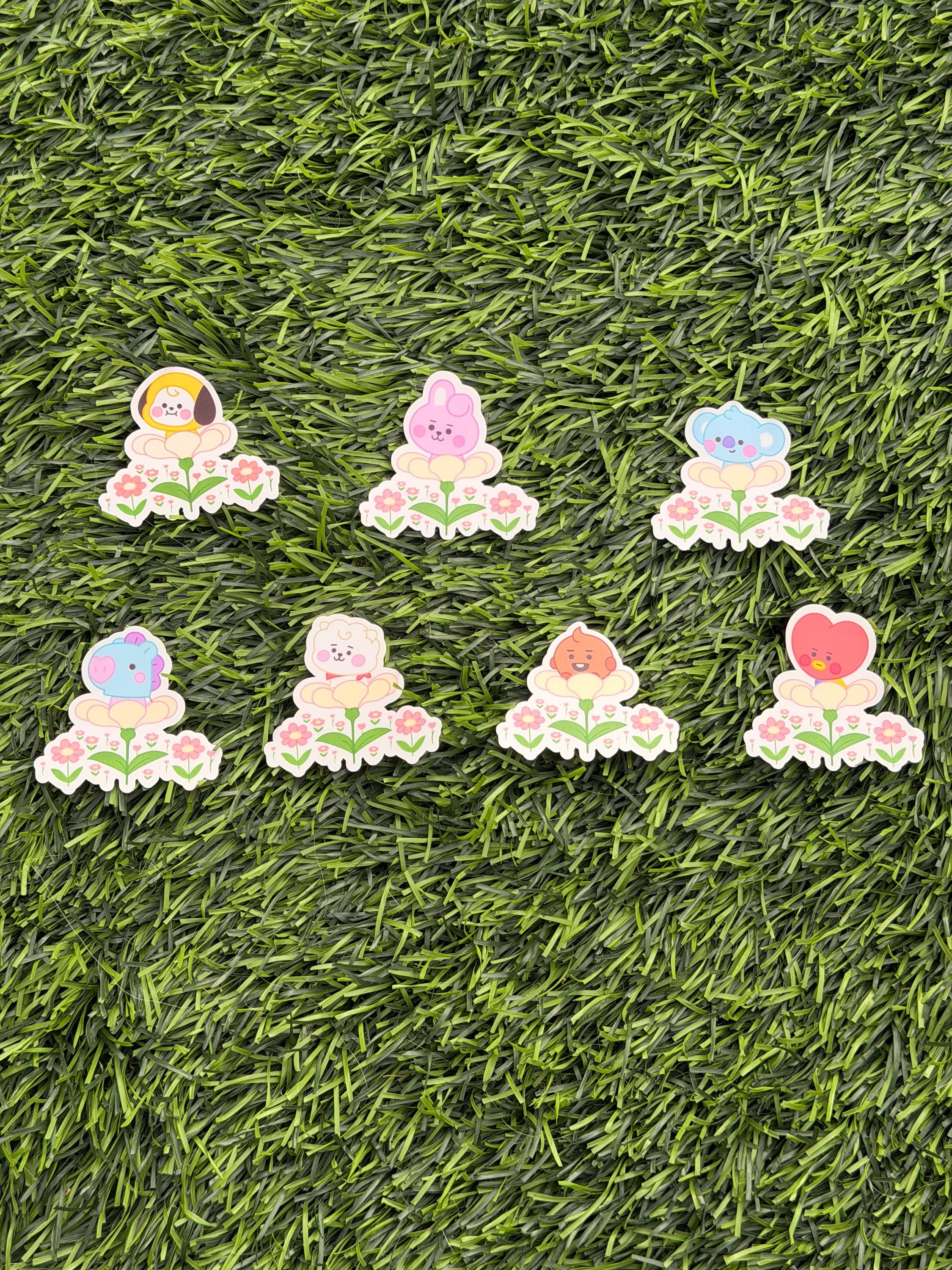 Kpop Spring-themed Sticker Pack | BT21 Inspired Characters | 7pcs Die Cut Vinyl Waterproof Stickers