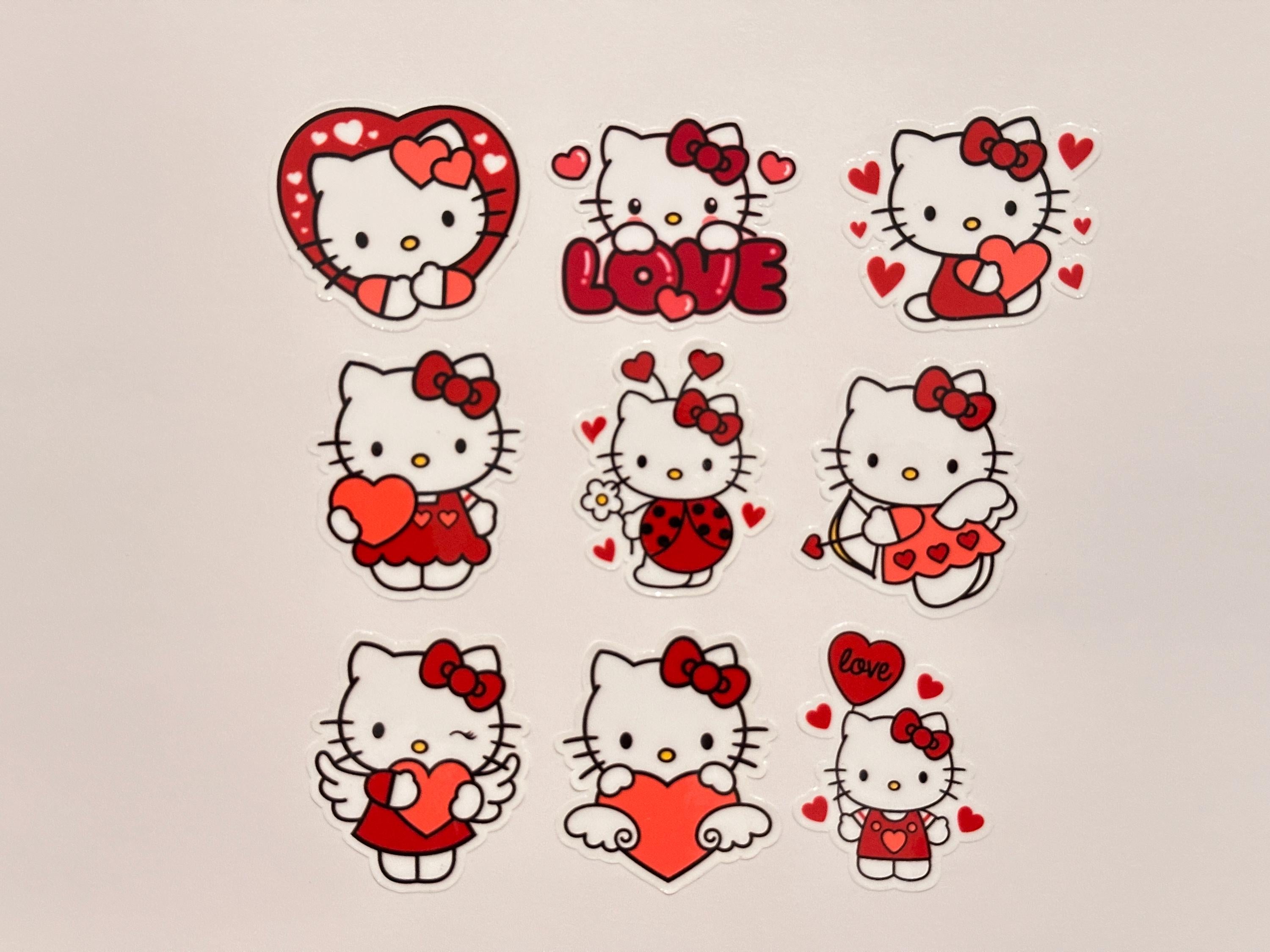 Hello Kitty Herz Sticker Pack | Kawaii Sanrio Sticker | 9er Set Die-Cut Sticker | Holografisch Matt Glänzend | Laptop Trinkflaschen Aufkleber