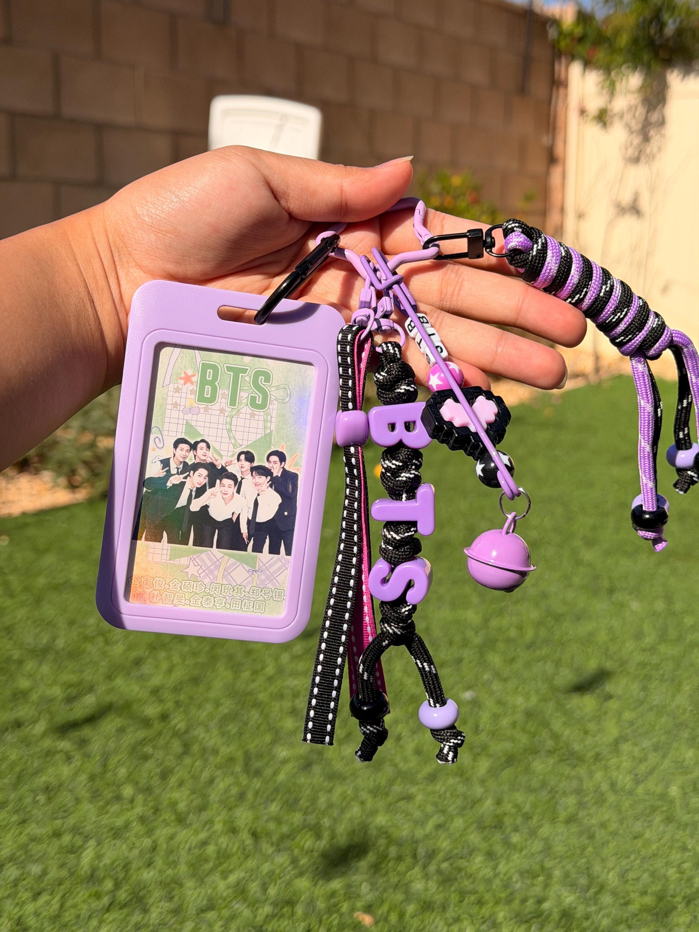 Handmade BTS Purple Keychain | K-pop ABS Card Holder + Beaded Strap | BTS Photocard Holder