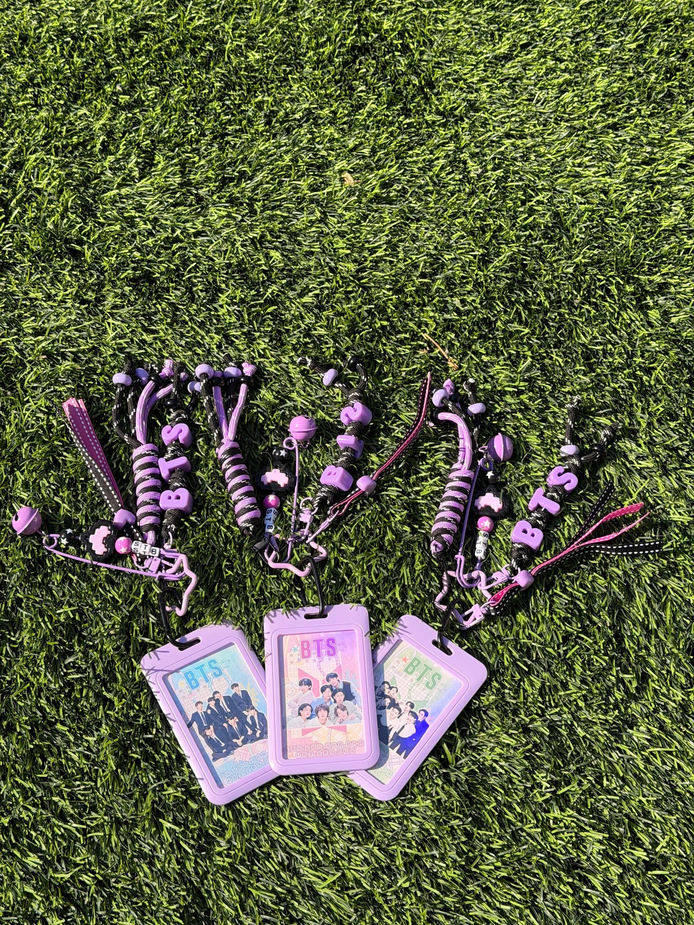 Handmade BTS Purple Keychain | K-pop ABS Card Holder + Beaded Strap | BTS Photocard Holder