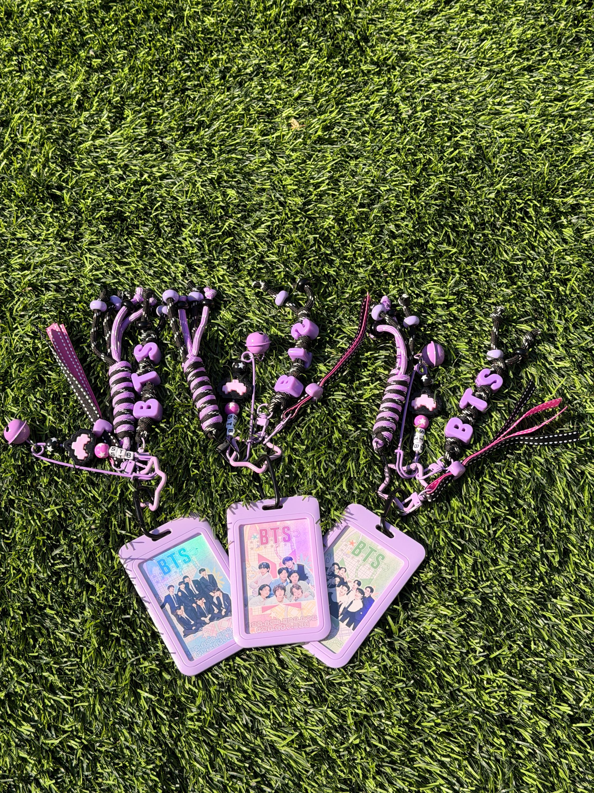 Handmade BTS Purple Keychain | K-pop ABS Card Holder + Beaded Strap | BTS Photocard Holder