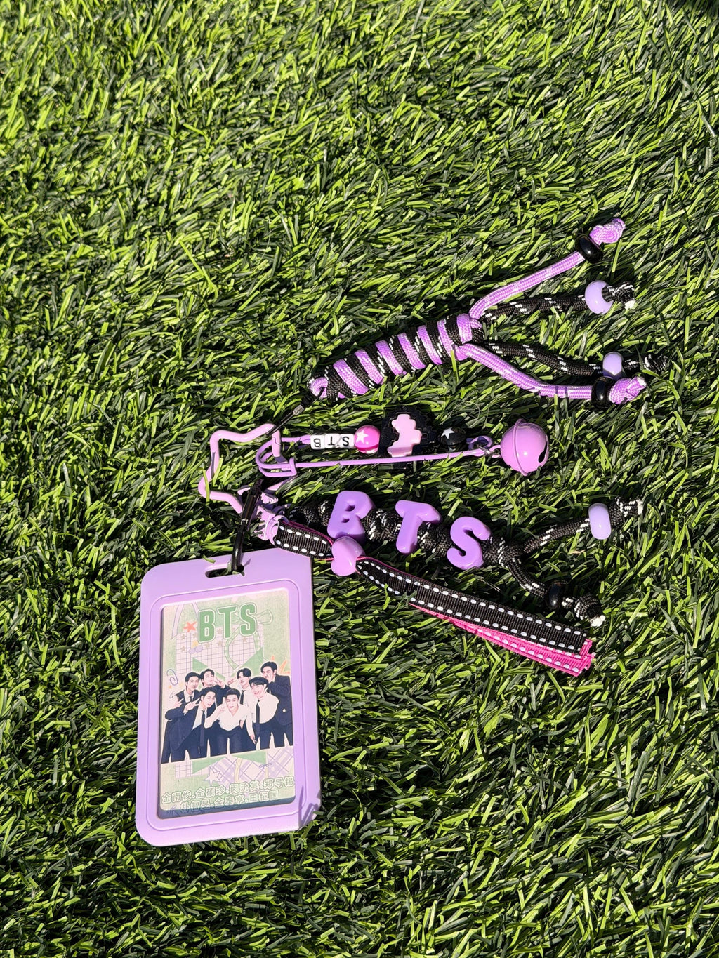 Handmade BTS Purple Keychain | K-pop ABS Card Holder + Beaded Strap | BTS Photocard Holder