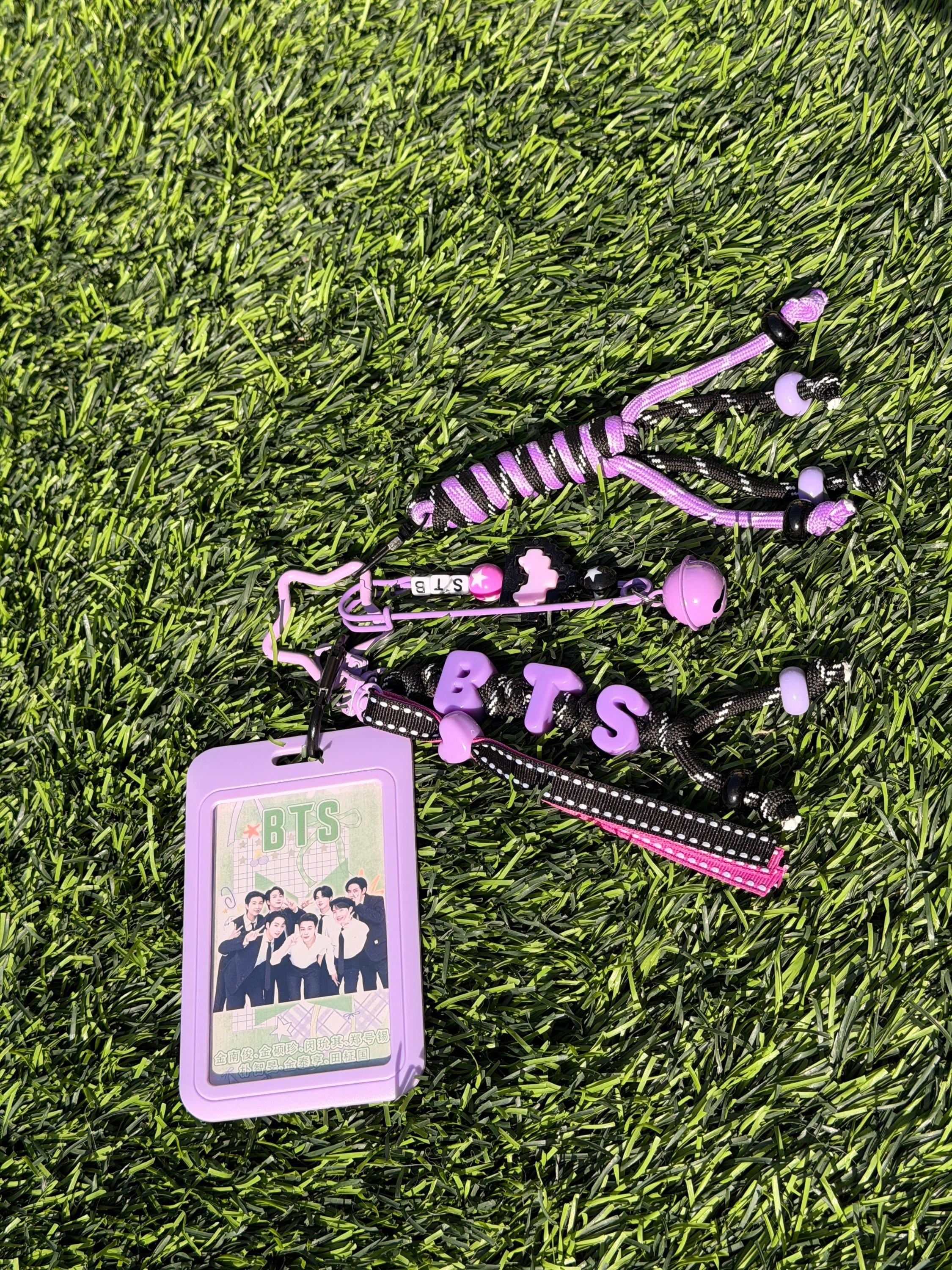Handmade BTS Purple Keychain | K-pop ABS Card Holder + Beaded Strap | BTS Photocard Holder